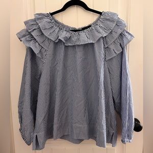 JCrew Blue Striped Ruffle Long Sleeve Top Plus Size 3X